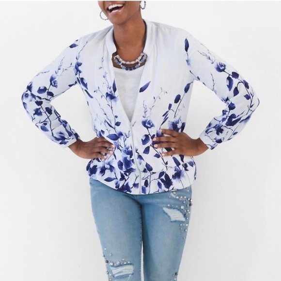 Chicos Blue Floral Full Zip Bomber Jacket White Rayon Size 1 Small Medium - Picture 13 of 13